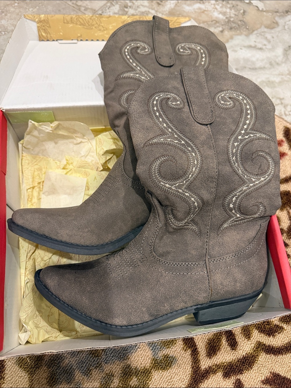 American Rag Taupe Western Ankle Boots with Embroidered Swirl New In Box